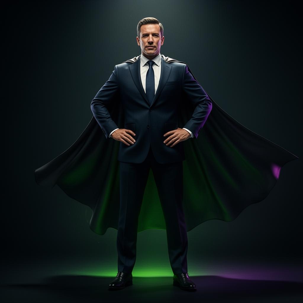 Líder comercial em pose de super-herói representando a estrutura de vendas